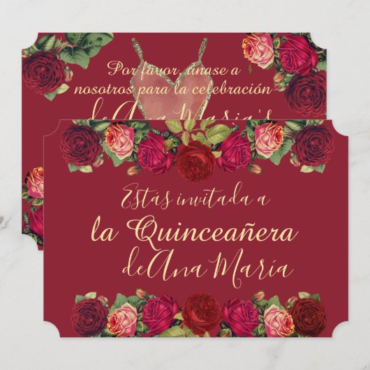 Floral de Borgoña Quinceanera Celebración Kaart (Voorkant / Achterkant)