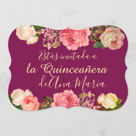 Floral de Borgoña Quinceanera Celebración Kaart