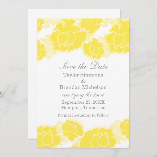 Floral Decadence Save the Date Invite, Yellow (Voorkant / Achterkant)