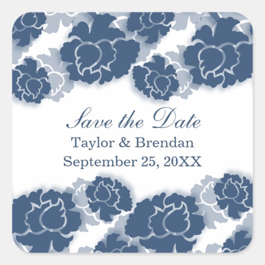 Floral Decadence Save the Date Stickers, Blue Vierkante Sticker (Voorkant)