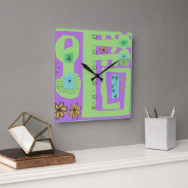 Floral Decal Ethnic Print Green Paars Black Vierkante Klok