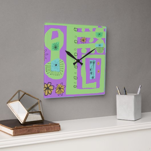 Floral Decal Ethnic Print Green Paars Black Vierkante Klok (Kantoor)