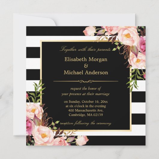 Floral Deco EAT Drink en gehuwd met B&W Striped Kaart (Achterkant)