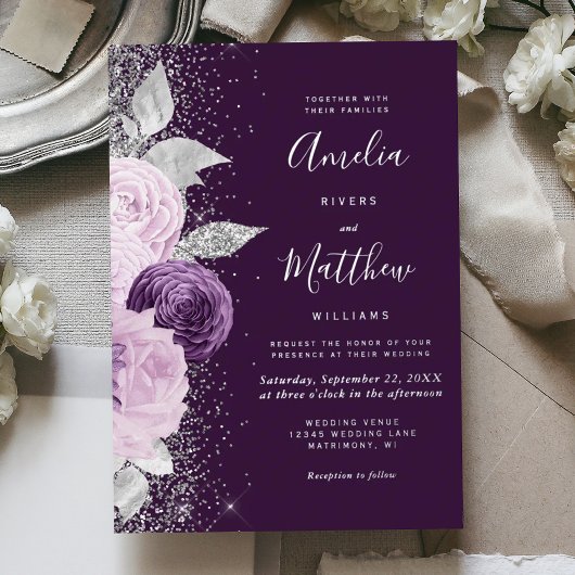 Floral Deep Purple Silver Glitter Wedding Folie Uitnodiging