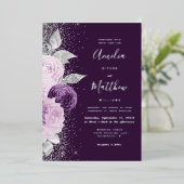 Floral Deep Purple Silver Glitter Wedding Folie Uitnodiging (Staand Voorkant)