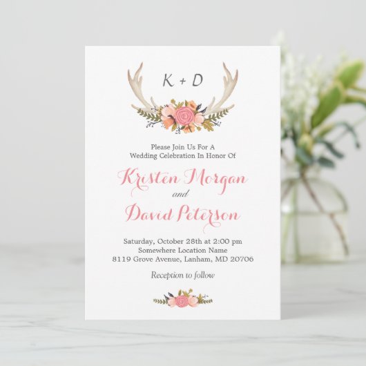Floral Deer Antler Boho Chic Wedding Celebration Kaart (Staand voorkant)