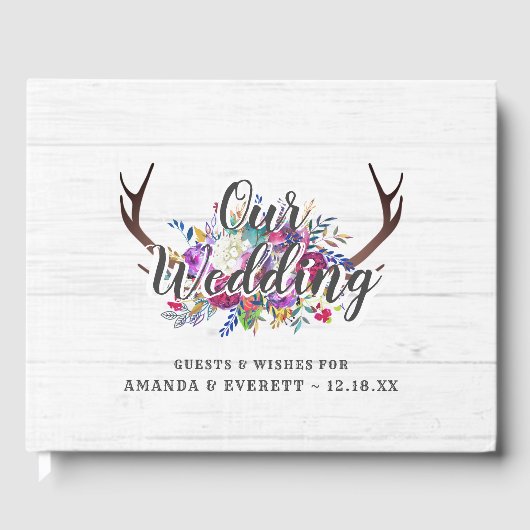 Floral Deer Antler Bouquet Rustic Wedding Monogram Gastenboek (Voorkant)