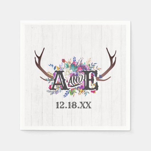 Floral Deer Antler Bouquet Rustic Wedding Monogram Servetten (Voorkant)