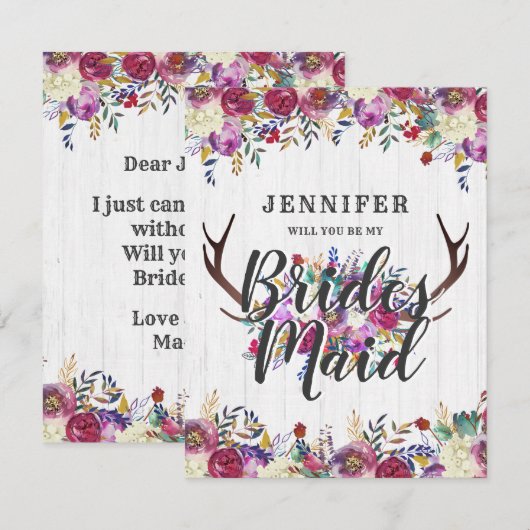 Floral Deer Antlers, je wordt mijn bruidsmeisje Kaart (Voorkant / Achterkant)