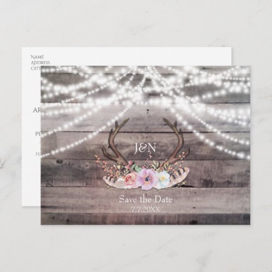 Floral Deer Antlers & String Lights Bewaar de datu Aankondigingskaart (Voorkant / Achterkant)