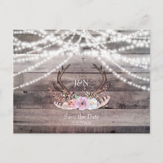 Floral Deer Antlers & String Lights Bewaar de datu Aankondigingskaart (Voorkant)