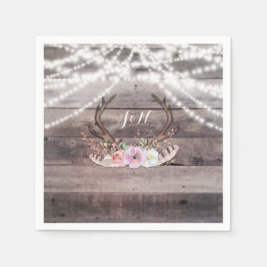 Floral Deer Antlers & String Lights Rustieke parti Servetten (Voorkant)