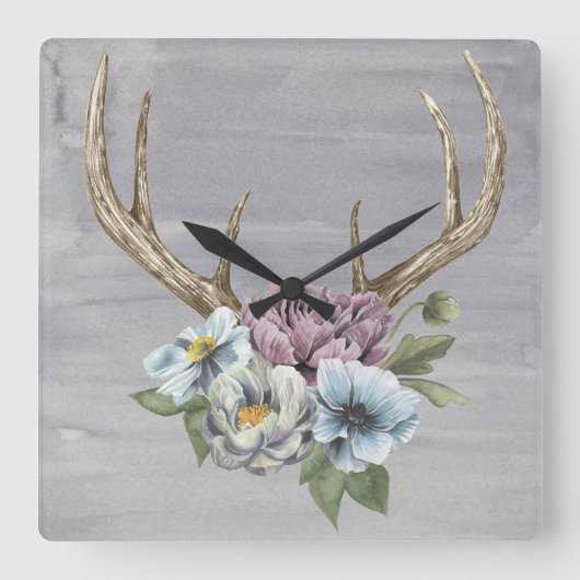 Floral Deer Antlers Vierkante Klok (Voorkant)
