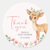 Floral Deer Baby Meisje Douche Dank u Ronde Sticker (Voorkant)