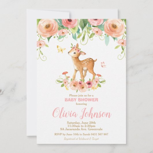 Floral Deer Baby shower Woodland Animals Baby Girl Kaart (Voorkant)