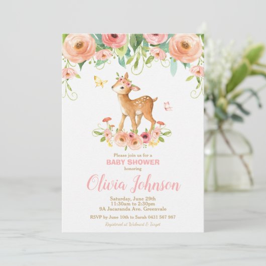 Floral Deer Baby shower Woodland Animals Baby Girl Kaart (Staand voorkant)