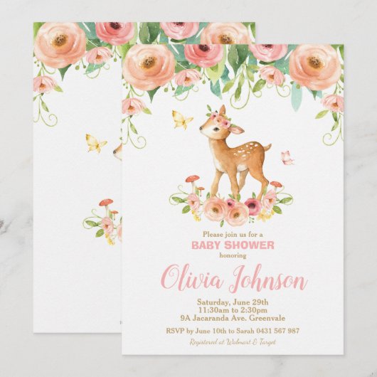 Floral Deer Baby shower Woodland Animals Baby Girl Kaart (Voorkant / Achterkant)