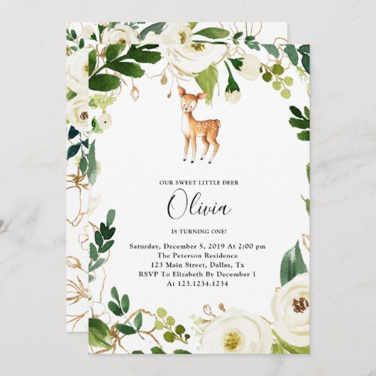 Floral Deer Birthday Party Invitation Kaart (Voorkant / Achterkant)