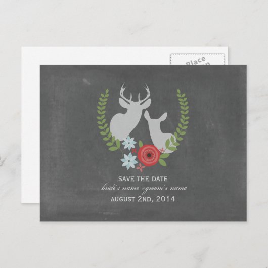 Floral Deer Chalk geïnspireerd om de datum op te s Aankondigingskaart (Voorkant / Achterkant)