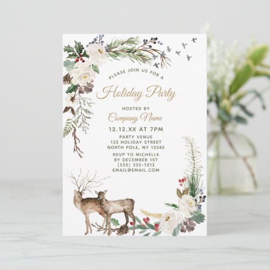 Floral Deer Corporate Holiday Kerstfeest Kaart (Staand voorkant)