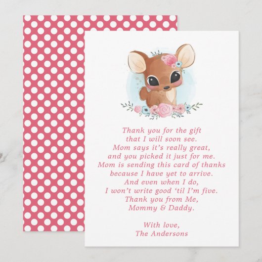 Floral Deer Cute Doe Baby shower Dank je wel Bedankkaart (Voorkant / Achterkant)