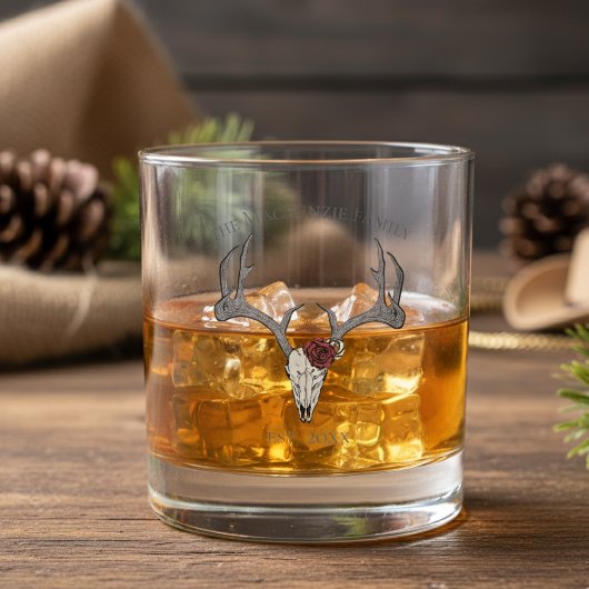 Floral Deer Head Skull familienaam Whisky Glas