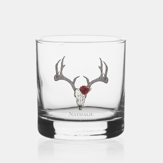 Floral Deer Hoofd Schedel en Rozen Whisky Glas (Voorkant)