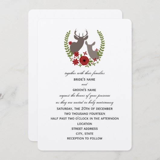 Floral Deer kerstbruiloft Kaart (Voorkant / Achterkant)