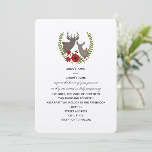 Floral Deer Kerstbruiloft Uitnodiging (Staand voorkant)