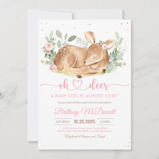 Floral Deer Oh Deer Girl Baby shower Kaart (Voorkant)