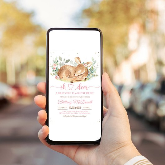 Floral Deer Oh Deer Girl Baby shower Kaart