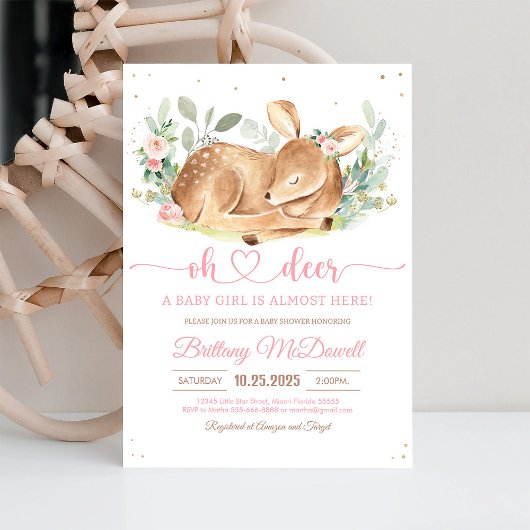 Floral Deer Oh Deer Girl Baby shower Kaart