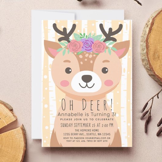 Floral Deer Schattige Deer Kids Verjaardagsuitnodi Kaart