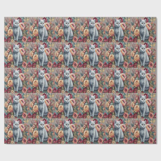 Floral Delight Britse korthaar Cat, Schattigee kit Cadeaupapier (Vlak)