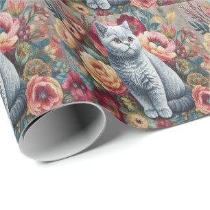 Floral Delight Britse korthaar Cat, Schattigee kit Cadeaupapier