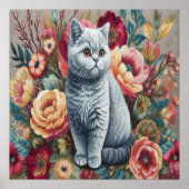 Floral Delight Britse korthaar Cat, Schattigee kit Poster (Voorkant)