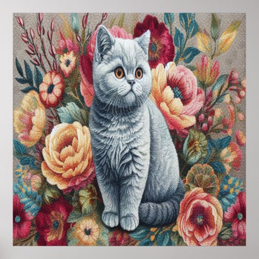 Floral Delight Britse korthaar Cat, Schattigee kit Poster (Voorkant)