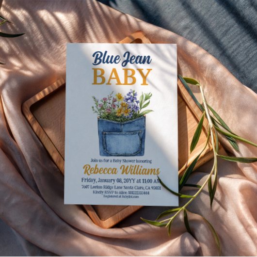 Floral Denim Pocket Yellow Blue Jean Baby Shower Kaart
