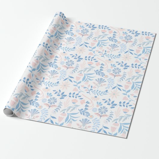 Floral design boho block print blue pink girly cadeaupapier (Uitgerold)