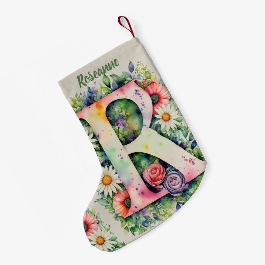 Floral Design Custom Monogram Waterverf Flowers Kleine Kerstsok (Achterkant (Hangend))