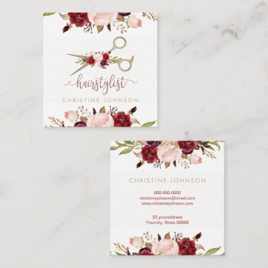 Floral Design Elegant Kapsalonscript Vierkante Visitekaartje (Voorkant / Achterkant)