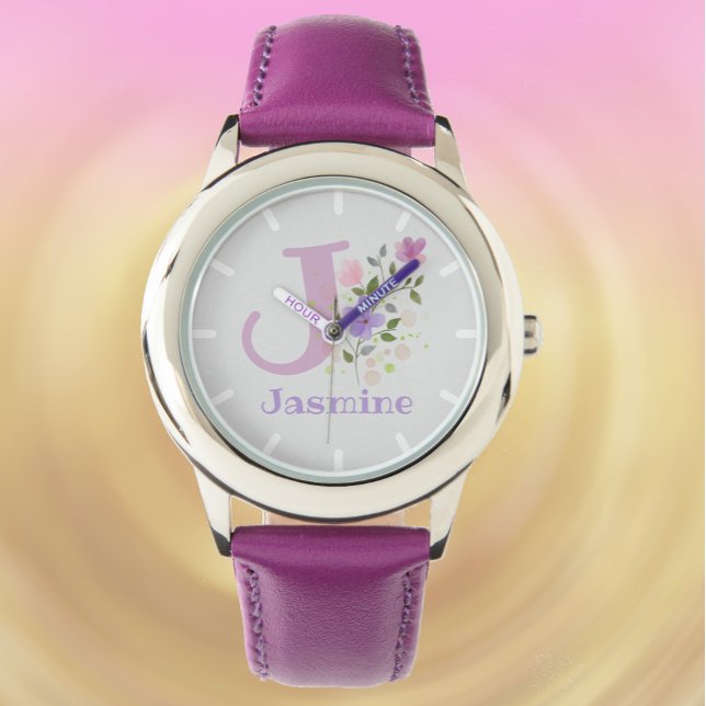 Floral design met naam en Initiaal kinderhorloge Horloge (Creator heeft geüpload)