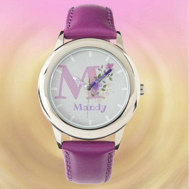 Floral design met naam en Initiaal kinderhorloge Horloge (Creator heeft geüpload)