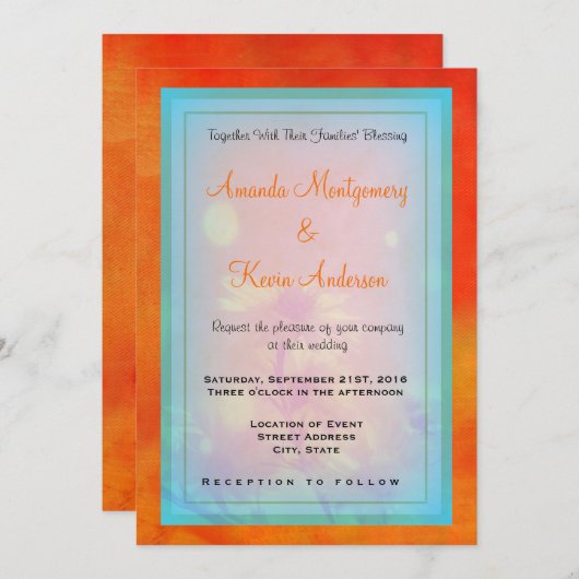 Floral Design op een Oranje achtergrond bruiloft Kaart (Voorkant / Achterkant)