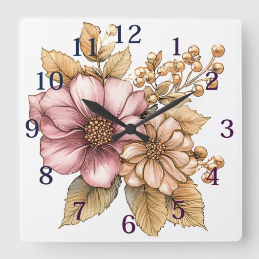 Floral Design Wall Clock Vierkante Klok (Voorkant)
