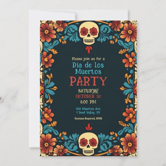 💀 Floral Día de Muertos Party Uitnodiging (Voorkant)