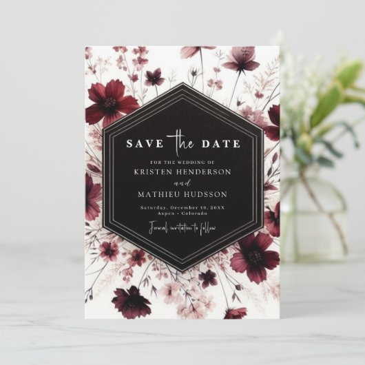 Floral Digital Bourgogne bruiloft Save The Date (Staand voorkant)