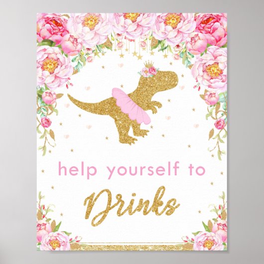 Floral Dinosaur Birthday Party T-Rex Drink Sign Poster (Voorkant)