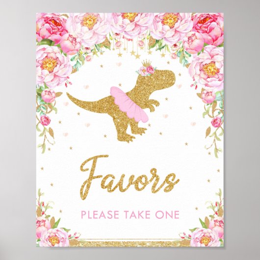 Floral Dinosaur Birthday Party T-Rex Favors Sign Poster (Voorkant)