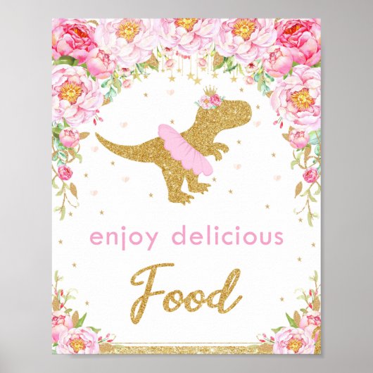 Floral Dinosaur Birthday Party T-Rex Food Sign Poster (Voorkant)
